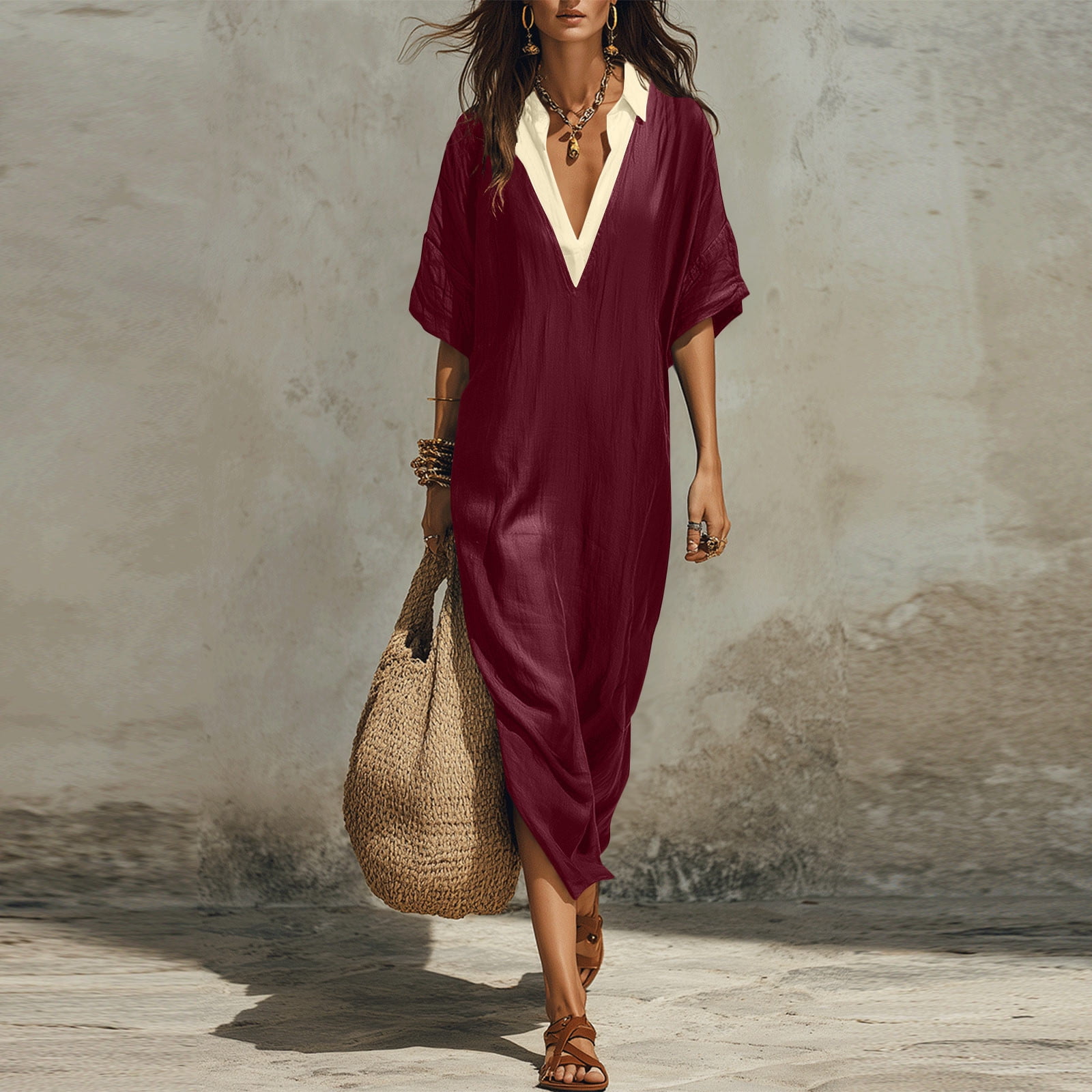 formal dresses for funeral Asdoklhq Black Women Black Dress For Cotton V-Neck Colorblock Linen Short Sleeve Dress With Side Split And Contrast Collar Dresses_Off-the-shoulder