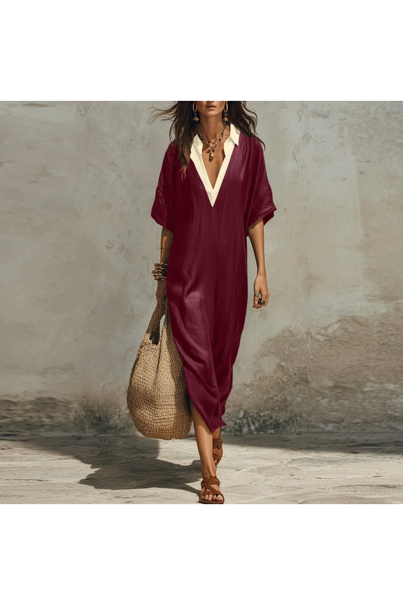 Black Formal Dresses For Women Black Dress For Funeral Cotton V-Neck Colorblock Linen Short Sleeve Dress With Side Split And Contrast Collar Wine S