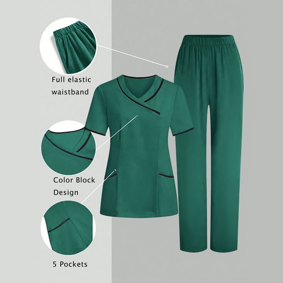 asdoklhq Black Scrubs Sets for Women Nurses Sets Tunic Uniform Clinic Carer V-Neck Protective Clothing and Pants Set Green L