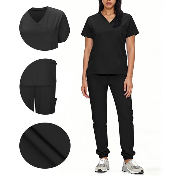 asdoklhq Black Scrubs Sets for Women Solid Color Loose Drawstring Pants Pocket Caregiver Short Sleeve V-Neck Blouses Nursing Uniform Set Black S