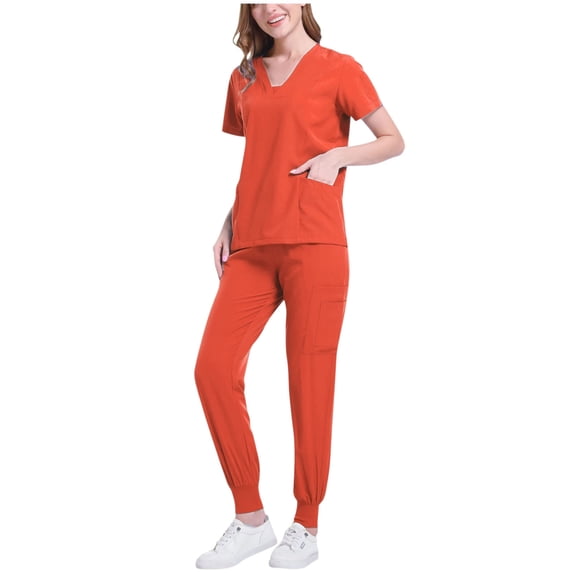 asdoklhq Black Scrubs Sets for Women Solid Color LooseAnkle Cuff Pants Pocket Caregiver Short Sleeve V-Neck Blouses Nursing Uniform Set Orange S