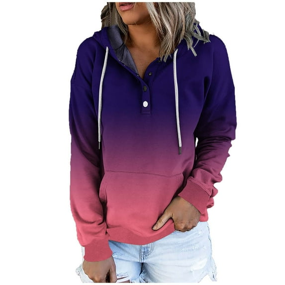 asdoklhq Blouses for Women Fashion Casual Women's Fashion Printed Pocket Long Sleeve Blouse Casual Tops Sweatershirt Button Hoodies Purple S