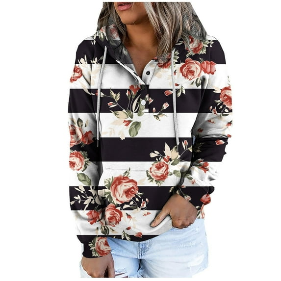 asdoklhq Blouses for Women Fashion Casual Women's Fashion Printed Pocket Long Sleeve Blouse Casual Tops Sweatershirt Button Hoodies White L