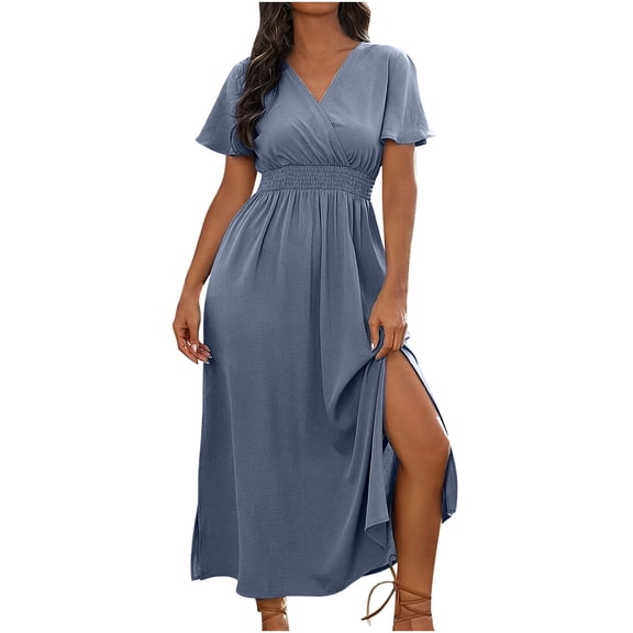 asdoklhq Blue Dress Women Casual Elastic Waist Summer Solid Color Short Sleeve-Neck Dress Gray 2X