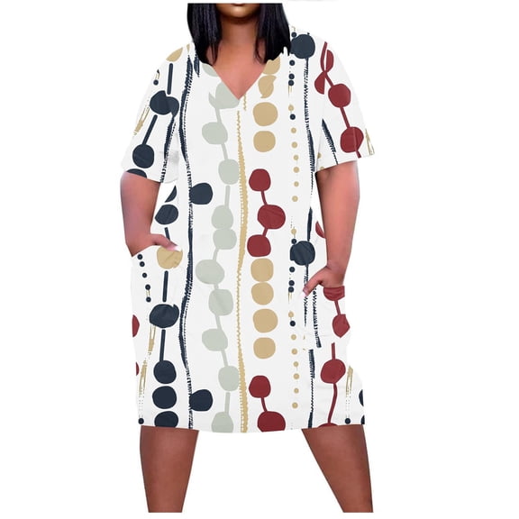 asdoklhq Blue Dress Women Oversized Printed Loose Casual Short Sleeved-neck Knee Length Dress Multicolor 4X