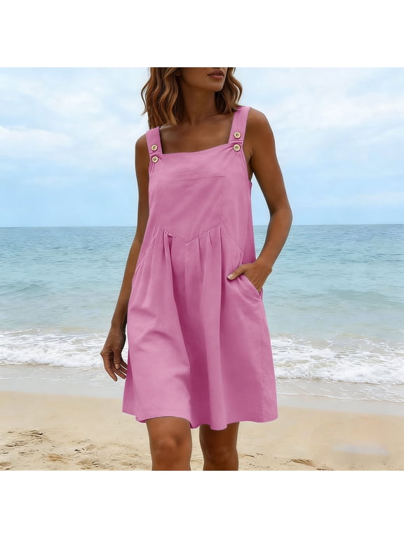 Boho Dresses For Women Hot Pink Dress Cotton Sleeveless Overall Dress Button Strap Casual Pinafore Dress With Pockets Pink L