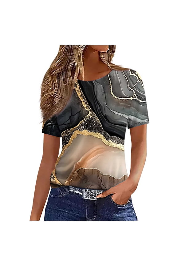Boho Shirts Western Shirts For Women Aztec Ethnic Geometric Women's Casual and Fashionable Printed T-shirt with Round Neck and Short Sleeved Khaki XL