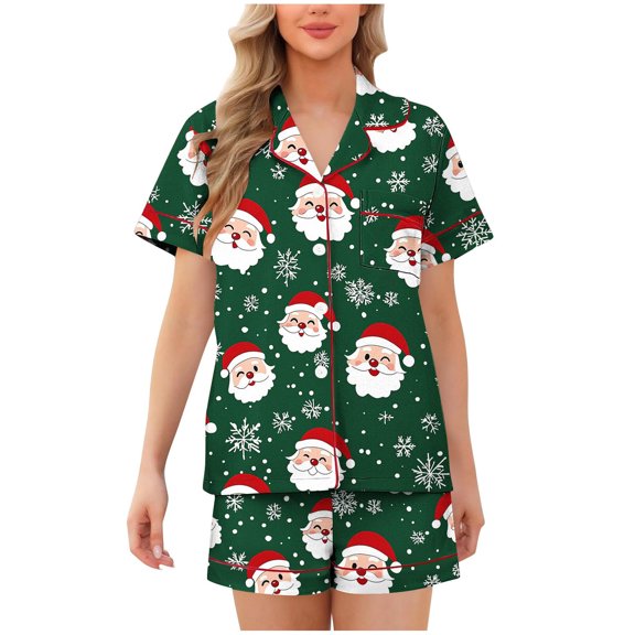 asdoklhq Button Down Pajamas Women Casual Turndown Button Print Short Sleeve Blouse and Short Pants Set Green XL