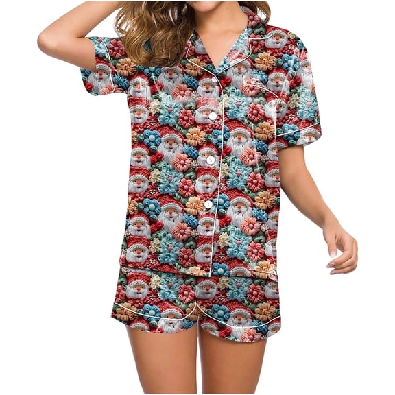asdoklhq Button Down Pajamas Women Fashion Women Short Sleeve and Short Pants Casual 2PC Sets with Pockets Red S