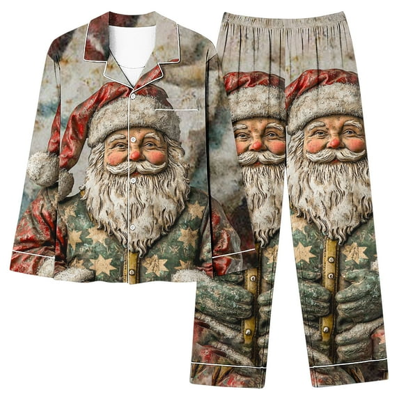 asdoklhq Button Down Pajamas Women Fashion Women's Christmas Printed Long Sleeve Lapel Button Pocket Elastic Waist Pants Pajamas Set Khaki L