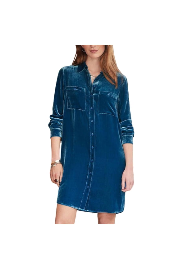 Casual Dresses for Women Collared Long-Sleeve Button-Front Pocket Velvet Shirt-Style Casual Dress Blue M