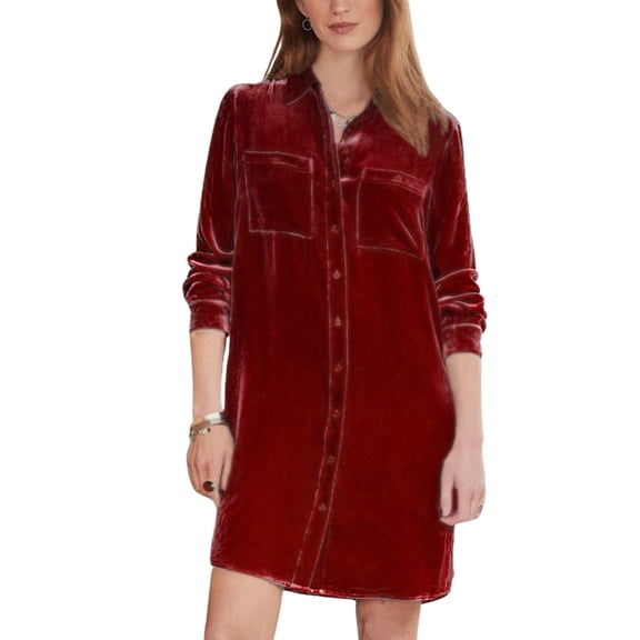 asdoklhq Casual Dresses for Women Collared Long-Sleeve Button-Front Pocket Velvet Shirt-Style Casual Dress Red XL