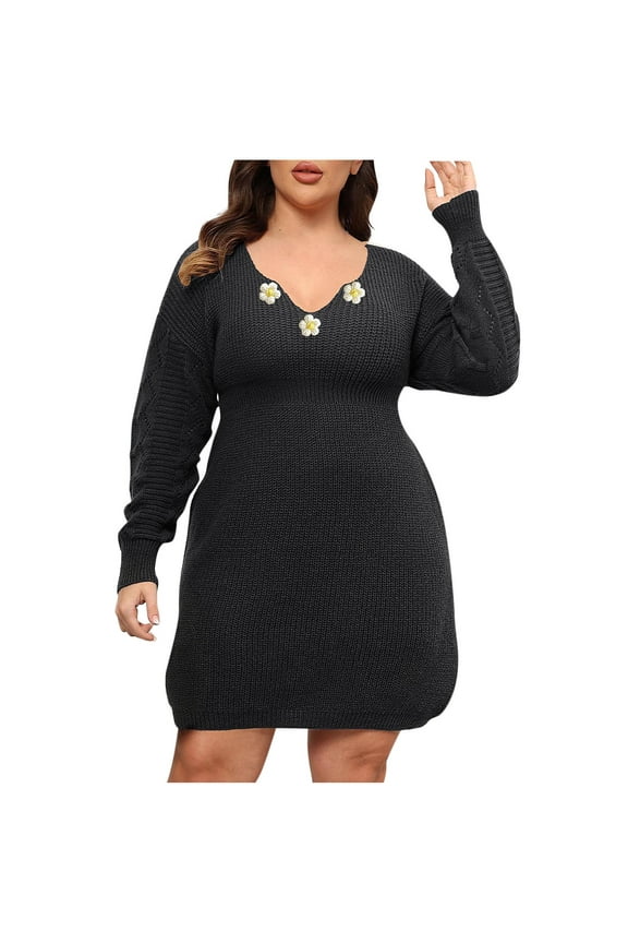 Casual Dresses for Women Fashion Oversize Elasticity Solid Color Long Sleeve V-Neck Dress Black XL
