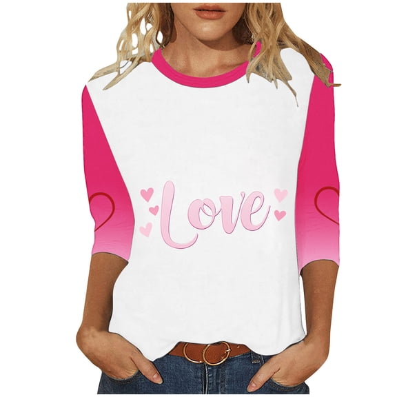 asdoklhq Casual Valentine's Day Long-Sleeve Tees Women Valentine's Day Festival Leisure Print Round Neck Three Quarter Sleeve 3/4 Sleeve T-shirt Loose Pink 5X