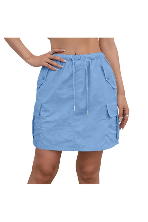 Casual Y2k Mini Skirt Drawstring Workout Short Pencil Skirt Loose Club Date Night Streetwear Workout Pants Women Ladies Stretch Belt Skirt String Button Pockets Blue 2X