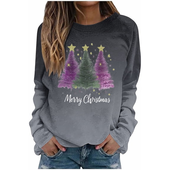 asdoklhq Christmas Christmas Tops for Women Christmas Gradient Print Loose Casual Long Sleeve Round Neck Hoodless Straight Shoulder Sweatshirt Hoodless Sweatshirt Black 2X