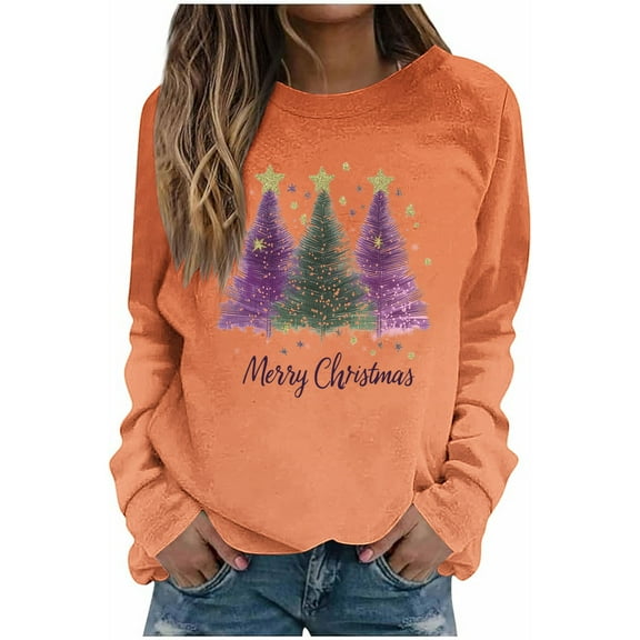 asdoklhq Christmas Christmas Tops for Women Christmas Gradient Print Loose Casual Long Sleeve Round Neck Hoodless Straight Shoulder Sweatshirt Hoodless Sweatshirt Orange 2X