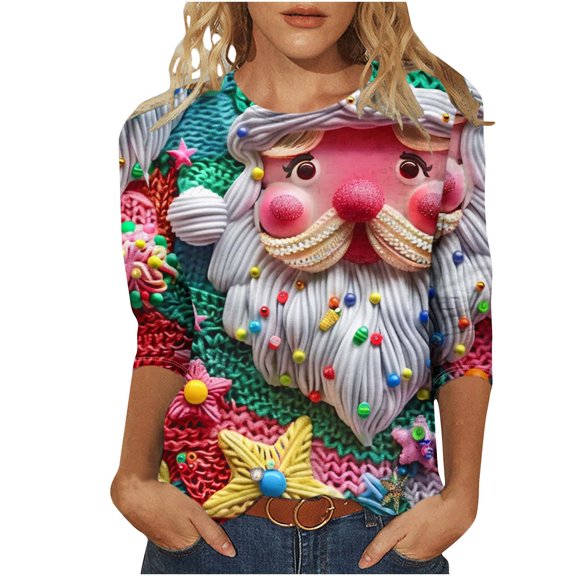 asdoklhq Christmas Christmas Tops for Women Fashion Tees Casual Crewneck 3/4 Sleeve Loose T Shirt Ladies Blouses Shirts Multicolor 2X