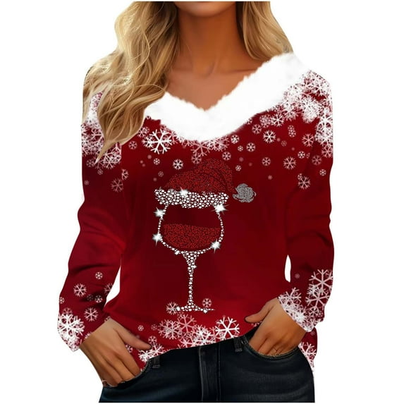 asdoklhq Christmas Clearance under $5, Christmas Gifts for Women Women's Christmas Printed Plush V-neck Patchwork Long Sleeved Slim Fitting Bottom T-Shirt Top