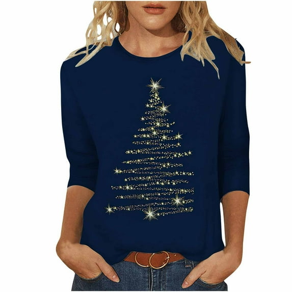 asdoklhq Clearance Plus Size Christmas Clothing,Women's Fashion Christmas PrintLoose T-Shirt 3/4 Sleeves Blouse Round Neck Casual Tops