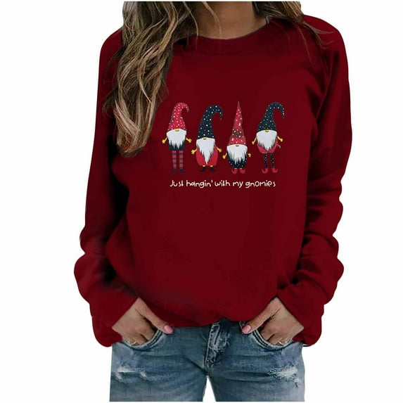 asdoklhq Christmas Clearance Clothing Under $5.00,Women's Tops Christmas Print Round Neck Sweater Loose Blouse Hoodless Sweatshirt