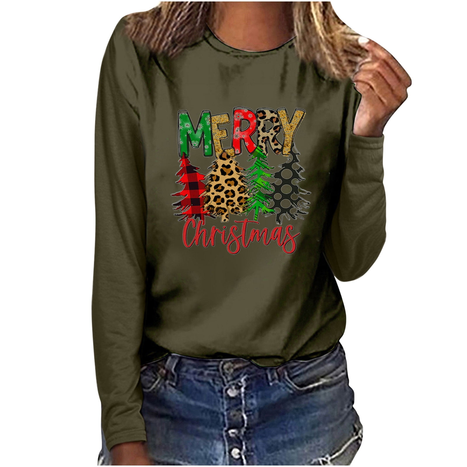Dauocie Women's Merry Christmas Shirt - Long Sleeve Raglan Tee, Christmas Tree Graphic, Casual Holiday Top - View #3