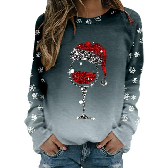 asdoklhq Christmas Clearance under $5, Christmas Gifts for Women Women's Christmas Fashion Print Long-sleeved Tops Hoodless Sweatshirts Bloues