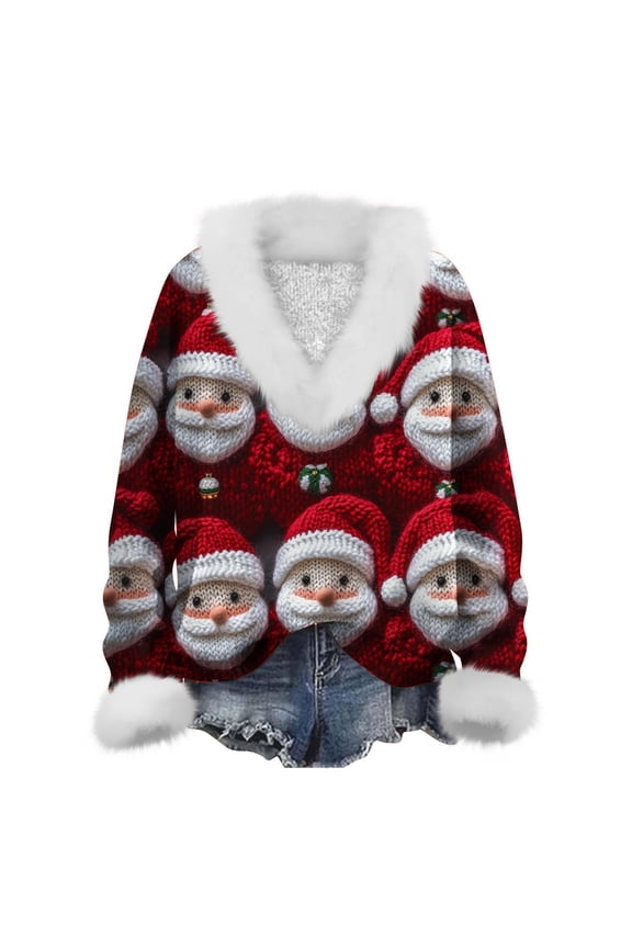 Christmas Cotton Sweaters for Women Ladies' Fashionable and Casual Christmas Printed Plush Collar Long Sleeved Hooded Top Tong Sleeved V-neck Top/shirt Multicolor 2X