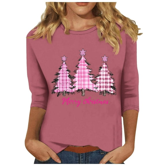 asdoklhq Christmas Cotton Sweaters for Women's Christmas Printed Round Neck 3/4 Sleeve T-shirt Loose Top Long Sleeve Round Neck Top/Shirt Pink S