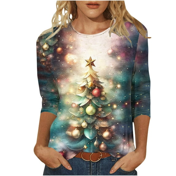 asdoklhq Christmas Cozy Sweaters for Women's Fashion Tees Casual Crewneck 3/4 Sleeve Loose T Shirt Ladies Blouses Shirts Multicolor 5X
