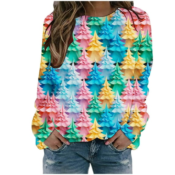 asdoklhq Christmas Crew Neck Sweatshirts Women Fall and Winter Christmas Tree Print Casual Long Sleeved Round Neck Hooded Sweatshirt Blouse Mint Green L