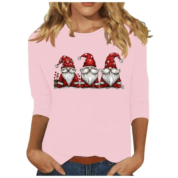 asdoklhq Christmas Fall Sweaters for Women 2025 Fashionable Women's Printed Casual Round Neck Pullover 3/4 Sleeve Top Pink S
