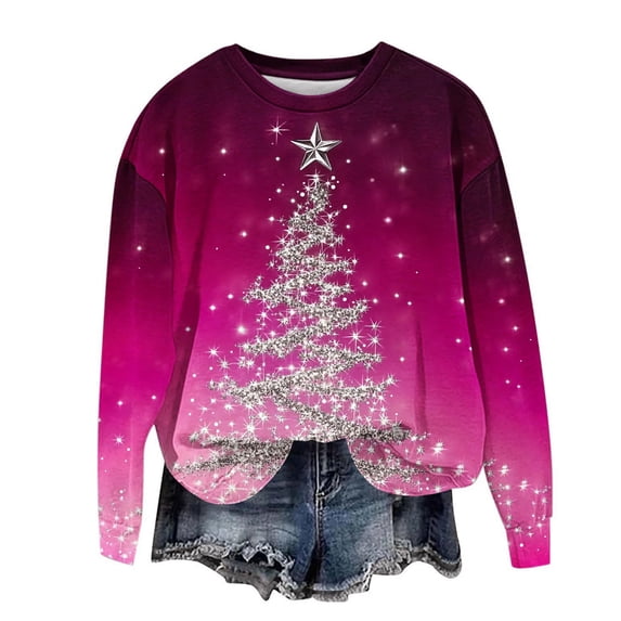 asdoklhq Christmas Fall Sweatshirts for Women's Christmas Round Neck Printed Loose Sweater Long-sleeved Top Hot Pink 5X