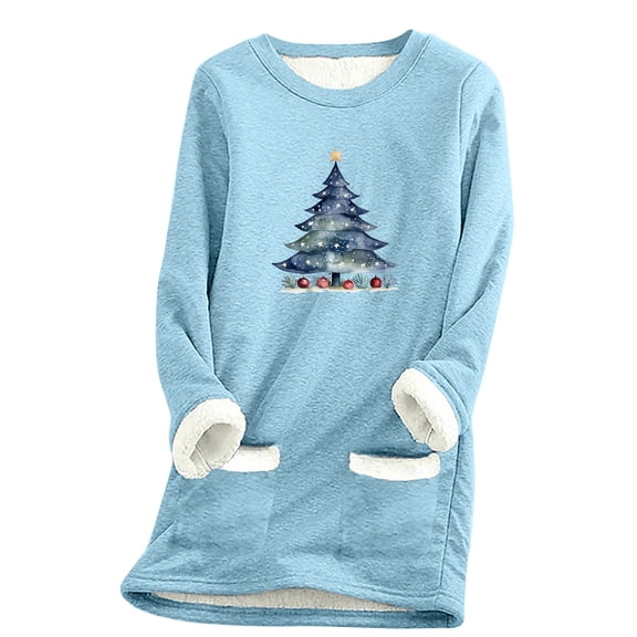 asdoklhq Christmas Fall Tops for Women 2025 Women's Thick Fleece Sweatshirt Long Sleeve Print Velvet Warm Round Neck Underwear Light Blue 3X