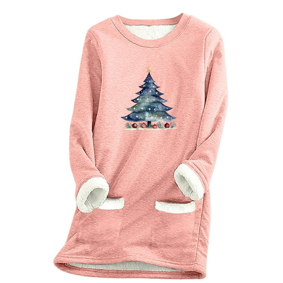 asdoklhq Christmas Fall Tops for Women 2025 Women's Thick Fleece Sweatshirt Long Sleeve Print Velvet Warm Round Neck Underwear Pink M