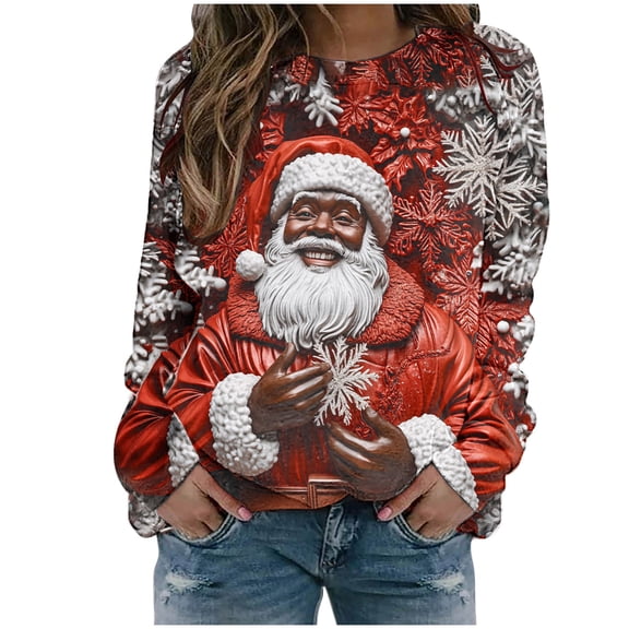 asdoklhq Christmas Fall Tops for Women 2025 Womens' Christmas Santa Claus Printed Shoulder Length Long Sleeved Round Neck Top/shirt Multicolor 4X