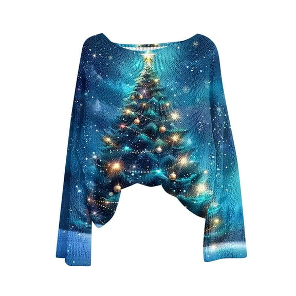 asdoklhq Christmas Fall Tops for Women's Christmas Printed Casual Crew Neck Long Sleeve Pullover Sweater Knitted Pullover Top Blue S