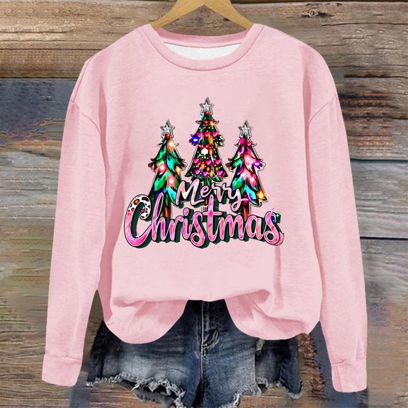 asdoklhq Christmas Flannel Shirt Women Christmas Printed Crew Neck Long Sleeve Pullover Hoodie Pink XL