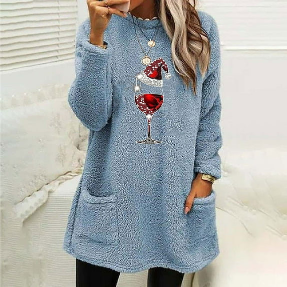 asdoklhq Christmas Flannel Shirt Women Christmas Round- Neck and Winter Loose Solid Pocket Warm Long Sleeve Blouse Blue 2X