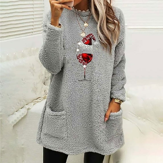 asdoklhq Christmas Flannel Shirt Women Christmas Round- Neck and Winter Loose Solid Pocket Warm Long Sleeve Blouse Gray 3X