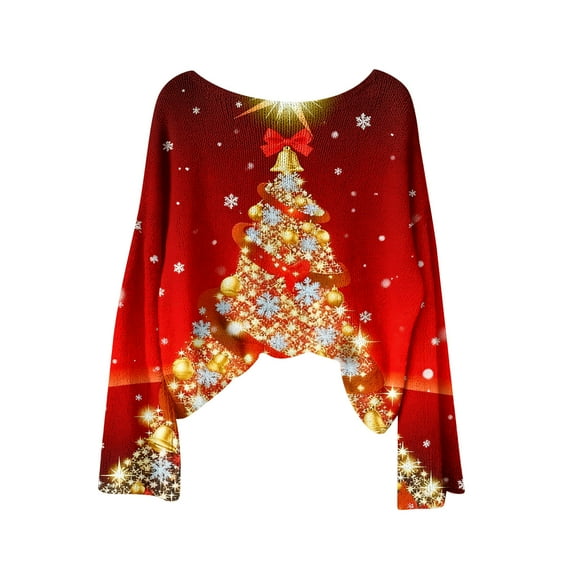 asdoklhq Christmas Graphic Tees for Women's Christmas Printed Casual Round Neck Long Sleeve Pullover Sweater Knit Pullover 2025 Fall Fashion Graphic Crochet Tops Hippie Clothes Gold S