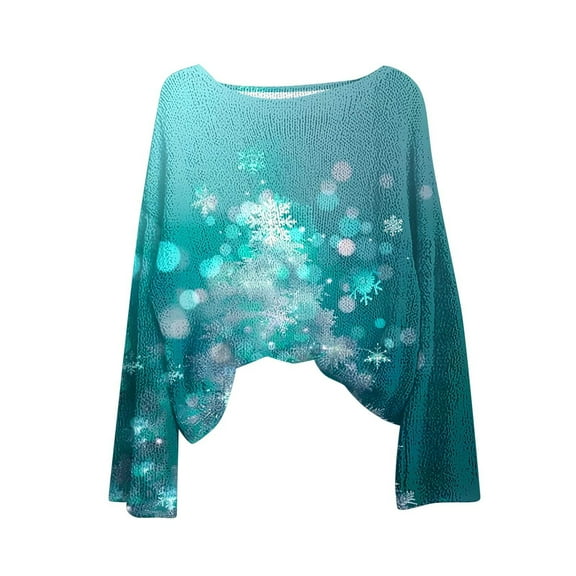 asdoklhq Christmas Long Sleeve Shirts for Women Christmas Printed Casual Crew Neck Long Sleeve Pullover Sweater Knitted Pullover Top Light Blue 2X