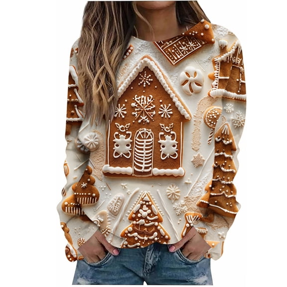 asdoklhq Christmas Long Sleeve Shirts for Women's Christmas Printed Loose Casual Long Sleeve Round Neck Hoodless Straight Shoulder Sweater Coffee S