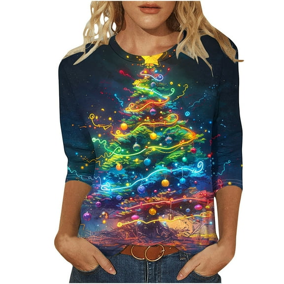 asdoklhq Christmas Long Sleeve Shirts for Women's Fashion Printed T-shirt 3/4 Sleeves Blouse Round Neck Casual Navy 5X