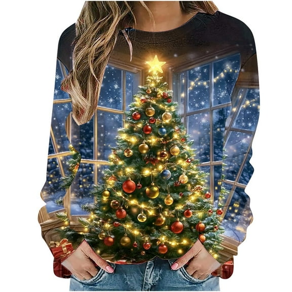 asdoklhq Christmas Long Sleeve Tops Women's Christmas Print Loose Round Neck Sweatshirt Long Sleeved Hooded Sweatshirt Yellow S