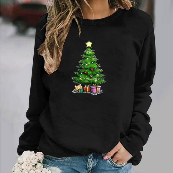 asdoklhq Christmas Long Sleeve Tops for Women Round Neck Christmas Printed Sweatshirt Long Sleeved Top Sweatshirt Black S