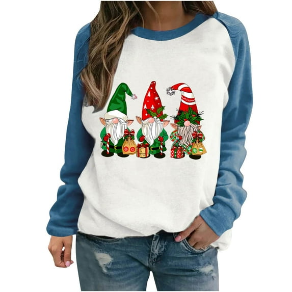 asdoklhq Christmas Long Sweaters for Women Casual Long-sleeved Pullover Round Neck Fashion Printed Top Blue XL