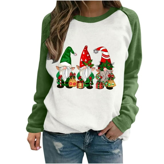 asdoklhq Christmas Long Sweaters for Women Casual Long-sleeved Pullover Round Neck Fashion Printed Top Green L