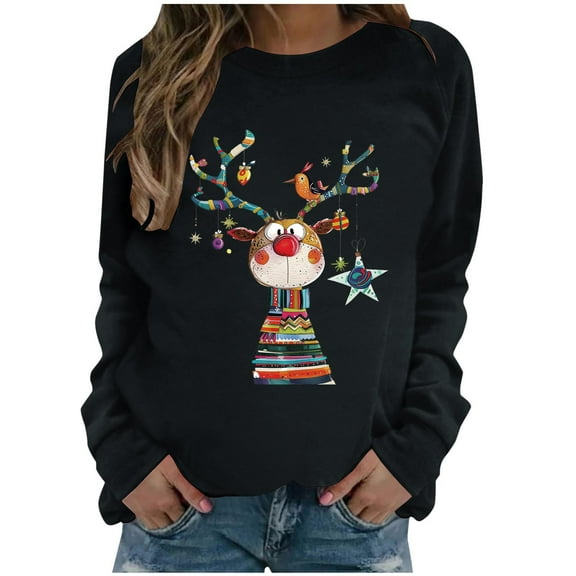 asdoklhq Christmas Long Sweaters for Women Women Christmas Fashion Camouflage Printed Round Neck Shoulder Long Sleeved Sweatshirt Black XL