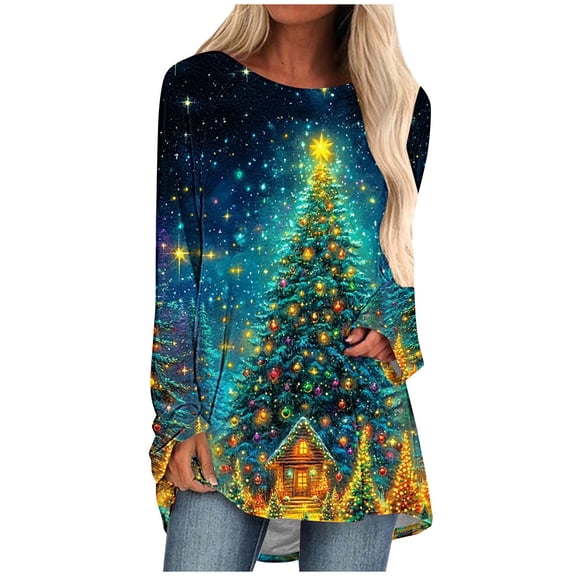 asdoklhq Christmas Mock Neck Tops for Women Casual Long Sleeve Round Neck Pullover Loose Blouse Ethnic Style Printed ShirtsTops Multicolor M